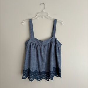 Parker Denim Blue Blouse with Lace Trim